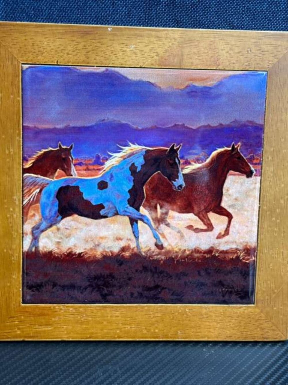 Vintage Cypress Home Running Horses Ceramic Art Trivet Hot Plate Wooden Frame 8